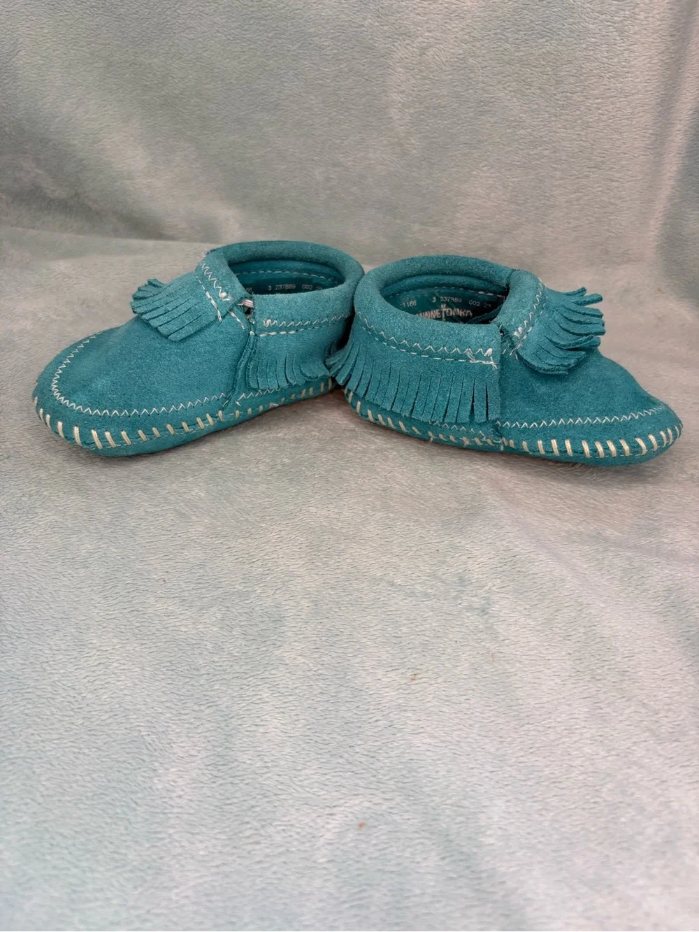 Minnetonka Infant Riley Suede Fringe Bootie Moccasins Turquoise Teal Size 3